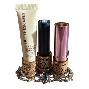VTG Gold Lipstick Holder Vanity Organizer w/ Rhinestones Filigree Triple Holder